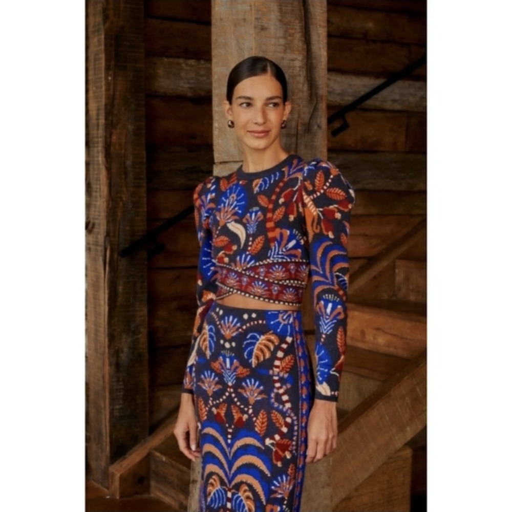Farm Rio Tropical Palm Two Piece Skirt Set Long Sleeve Top Midi Skirt Womens M